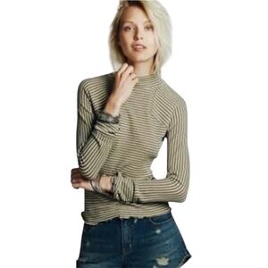 Free People Thermal Striped Mock Neck Long Sleeve Top Sz Medium Cream Tan